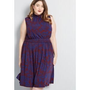 ModCloth Maci Dress Womens Sz XL High Neck Burgundy Floral Officecore Stretch